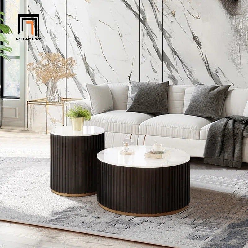 Cặp bàn sofa phòng khách cao cấp BSF58 Kaibito mặt đá trắng