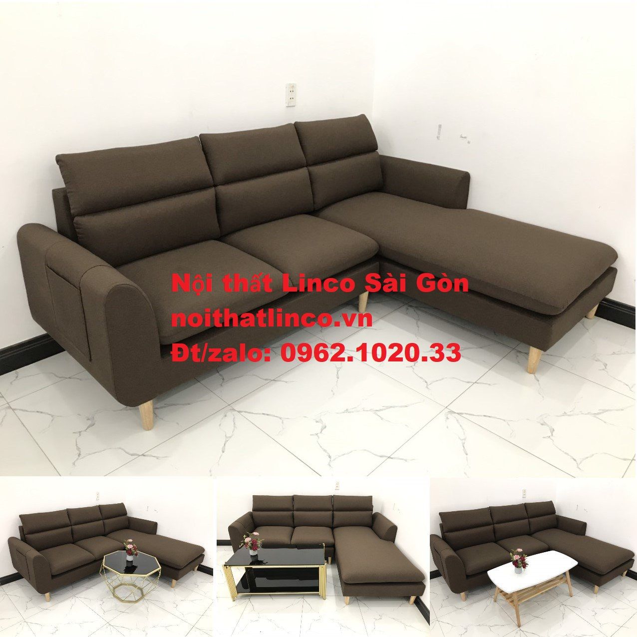 Bộ sofa góc chữ L rẻ | Sofa góc nâu cafe đen đậm giá rẻ đẹp phòng khách | Nội thất Linco HCM Sài Gòn