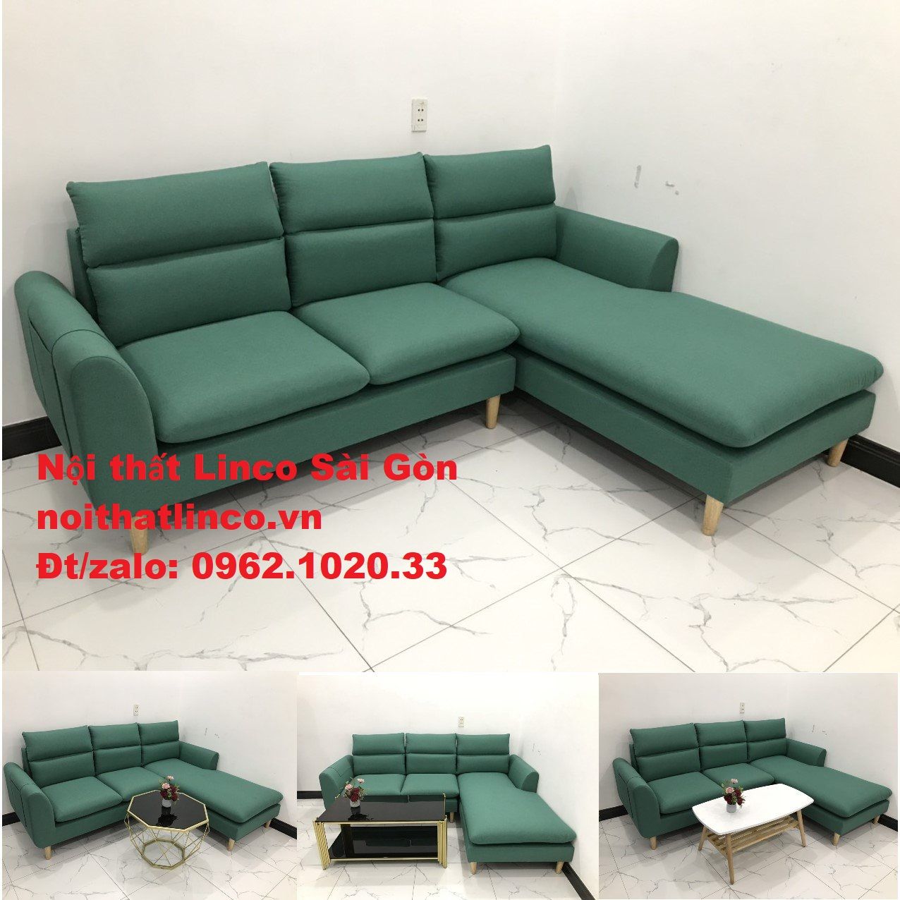 Ghế sofa góc chữ L giá rẻ | Sofa góc xanh ngọc lá cây đẹp | Nội thất Linco HCM Sài Gòn