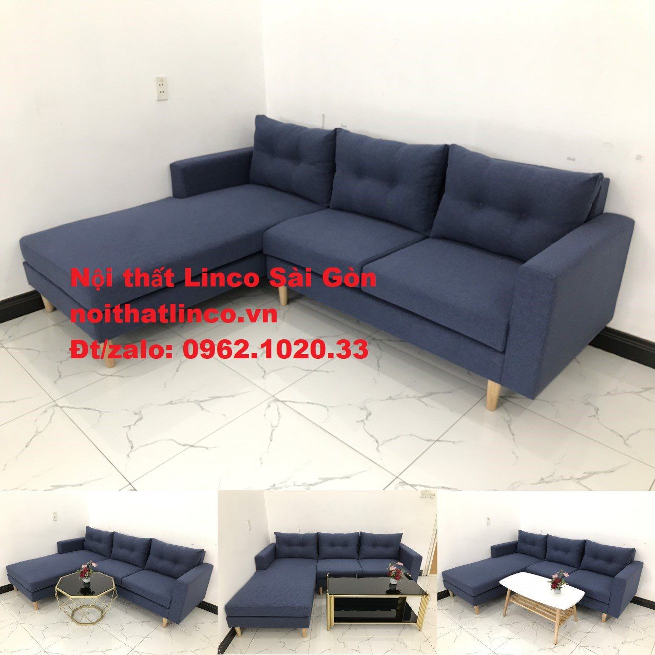 Bộ bàn ghế sofa góc L đẹp, sofa góc dài 2m2 x 1m6 nhỏ giá rẻ xanh dương đen | Nội thất Linco HCM