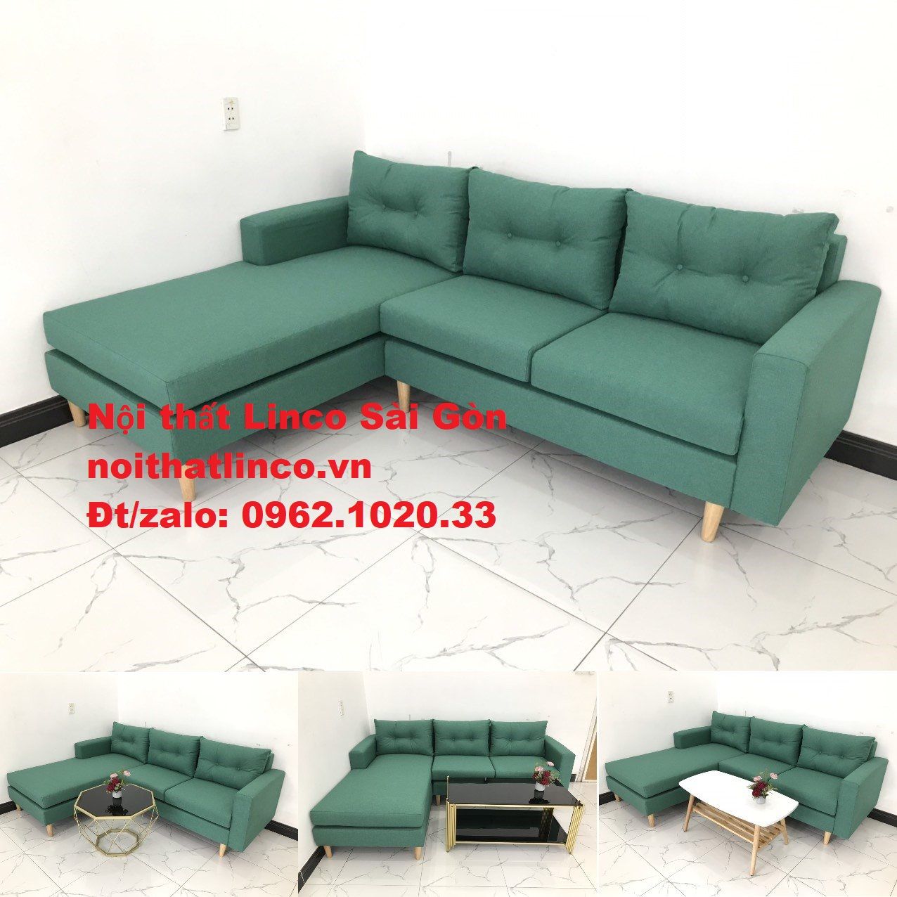 Sofa góc giá rẻ | Sofa phòng khách Góc chữ L Xanh ngọc rẻ đẹp | Nội thất Linco Sài Gòn