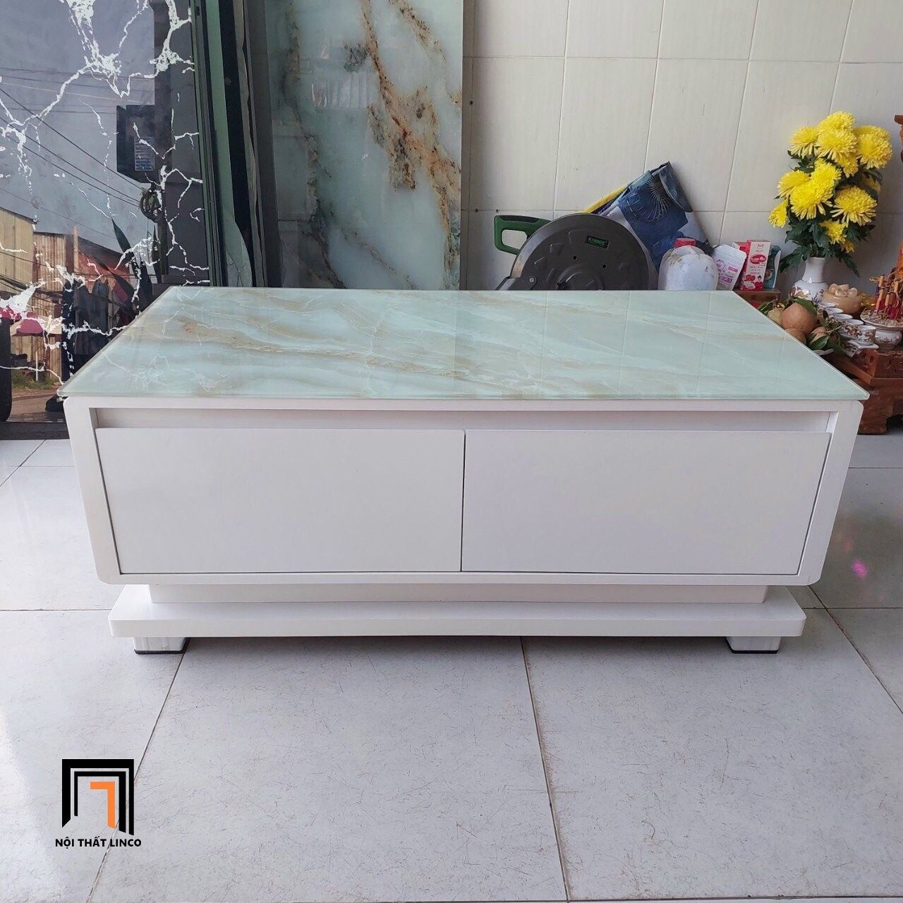 Bàn sofa phòng khách gia đình BTPK98 Moden mặt kính giả đá