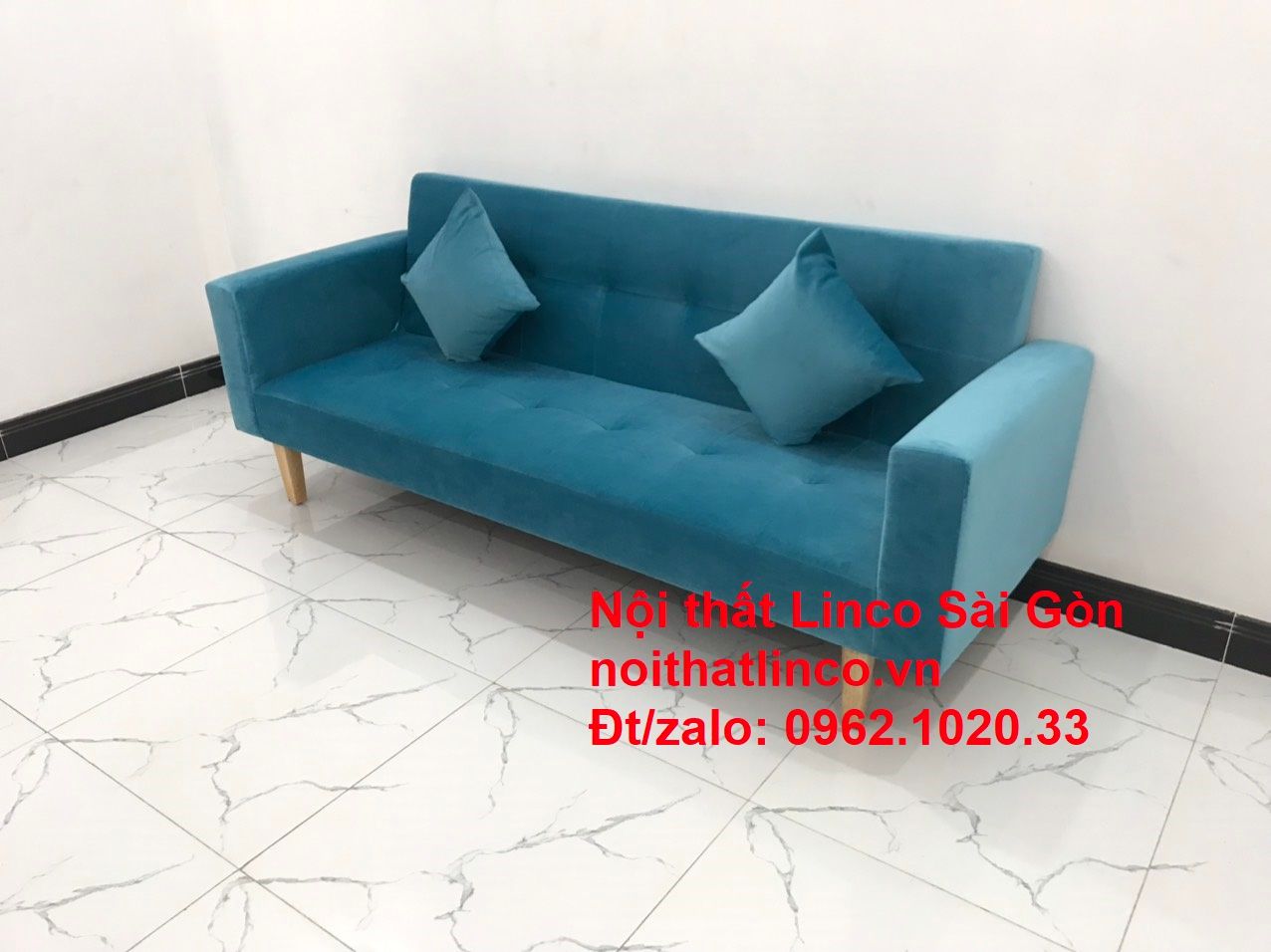 Bộ ghế sofa giường giá rẻ dài 2m màu xanh nước biển cho chung cư