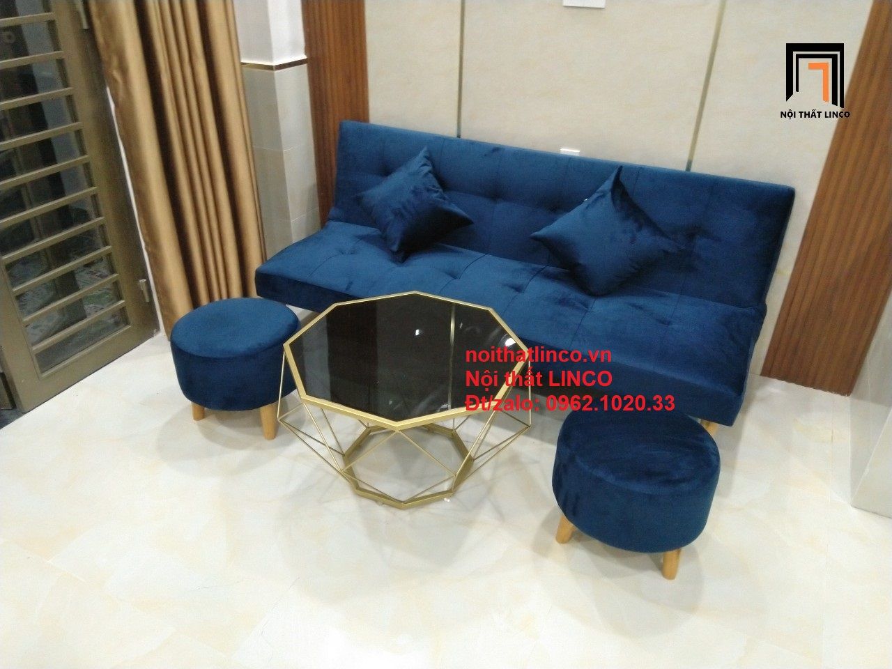Bộ ghế sofa giường bed 1m72 xanh dương đen đậm vải nhung đẹp