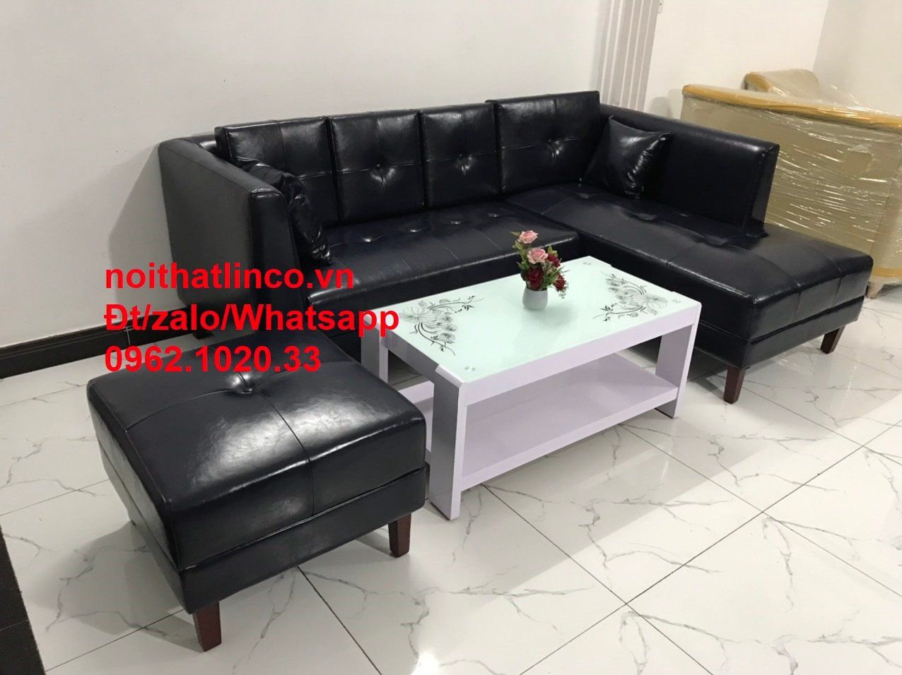 Bộ ghế sofa góc da giả 2m2 x 1m6 màu xanh than
