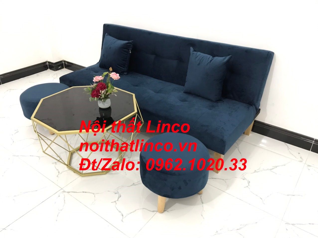 Bộ ghế sofa giường bed 1m72 xanh dương đen đậm vải nhung đẹp