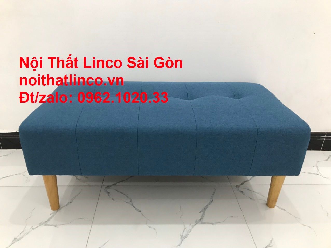 Ghế đôn sofa chân gỗ chữ nhật xanh dương mini nhỏ rẻ | Nội thất Linco Sài Gòn HCM