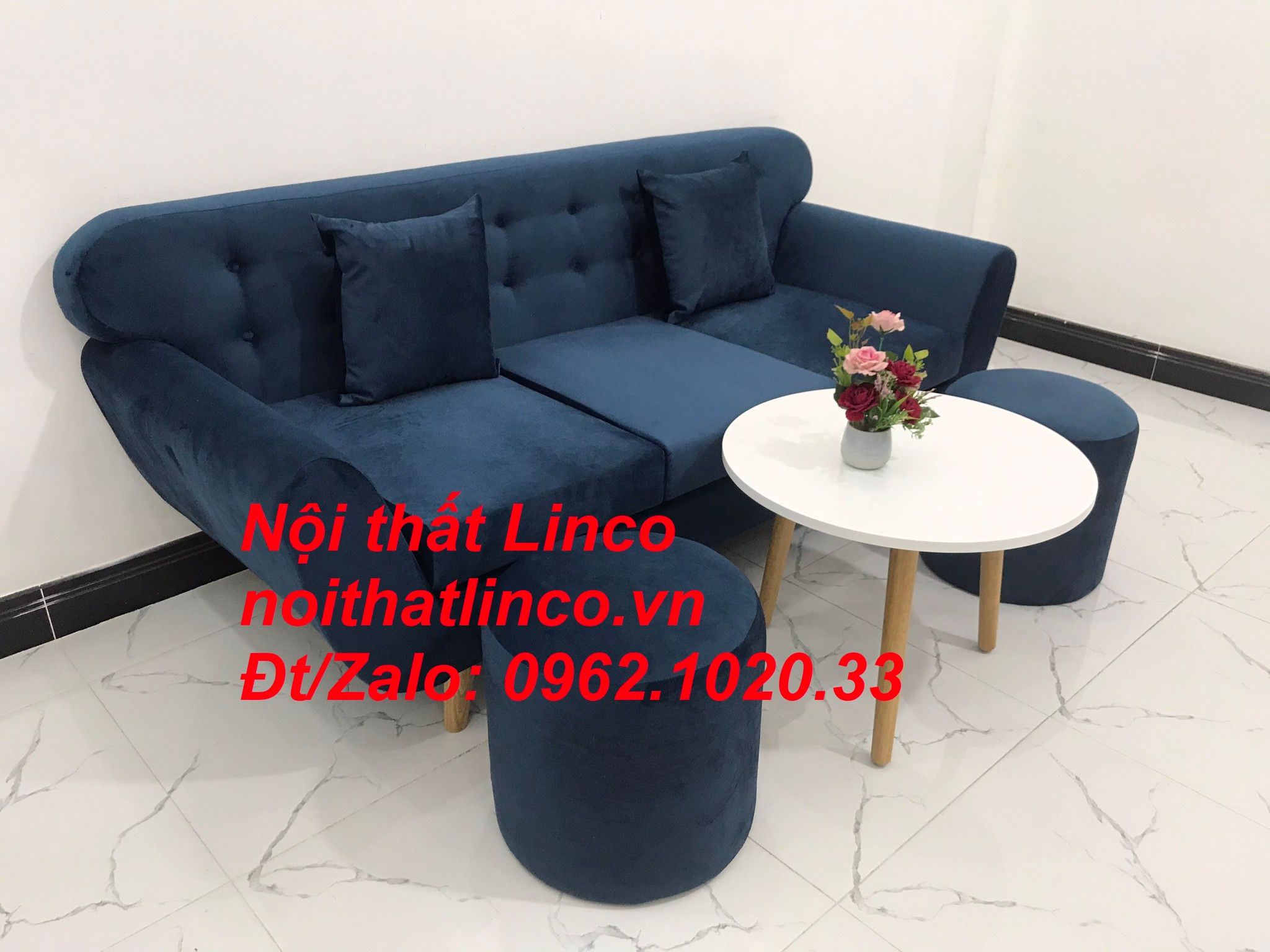 Bộ ghế sofa băng vải nhung BTC dài 1m9 xanh dương đen đậm