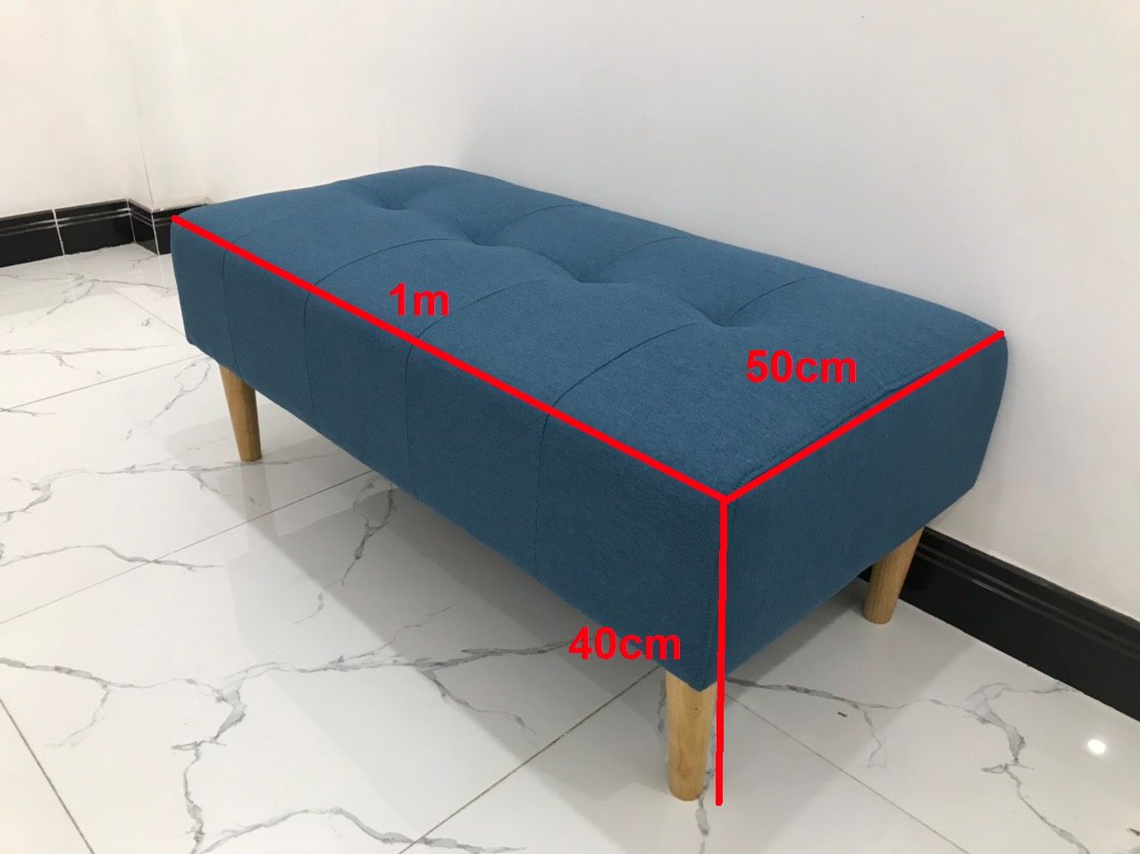 Ghế đôn sofa chân gỗ chữ nhật xanh dương mini nhỏ rẻ | Nội thất Linco Sài Gòn HCM