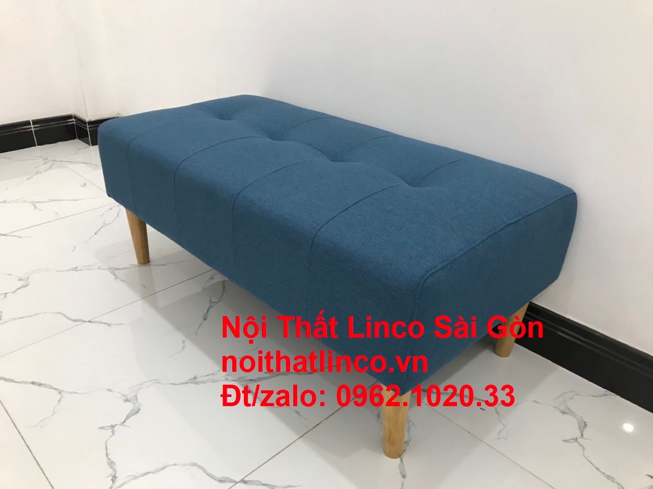 Ghế đôn sofa chân gỗ chữ nhật xanh dương mini nhỏ rẻ | Nội thất Linco Sài Gòn HCM