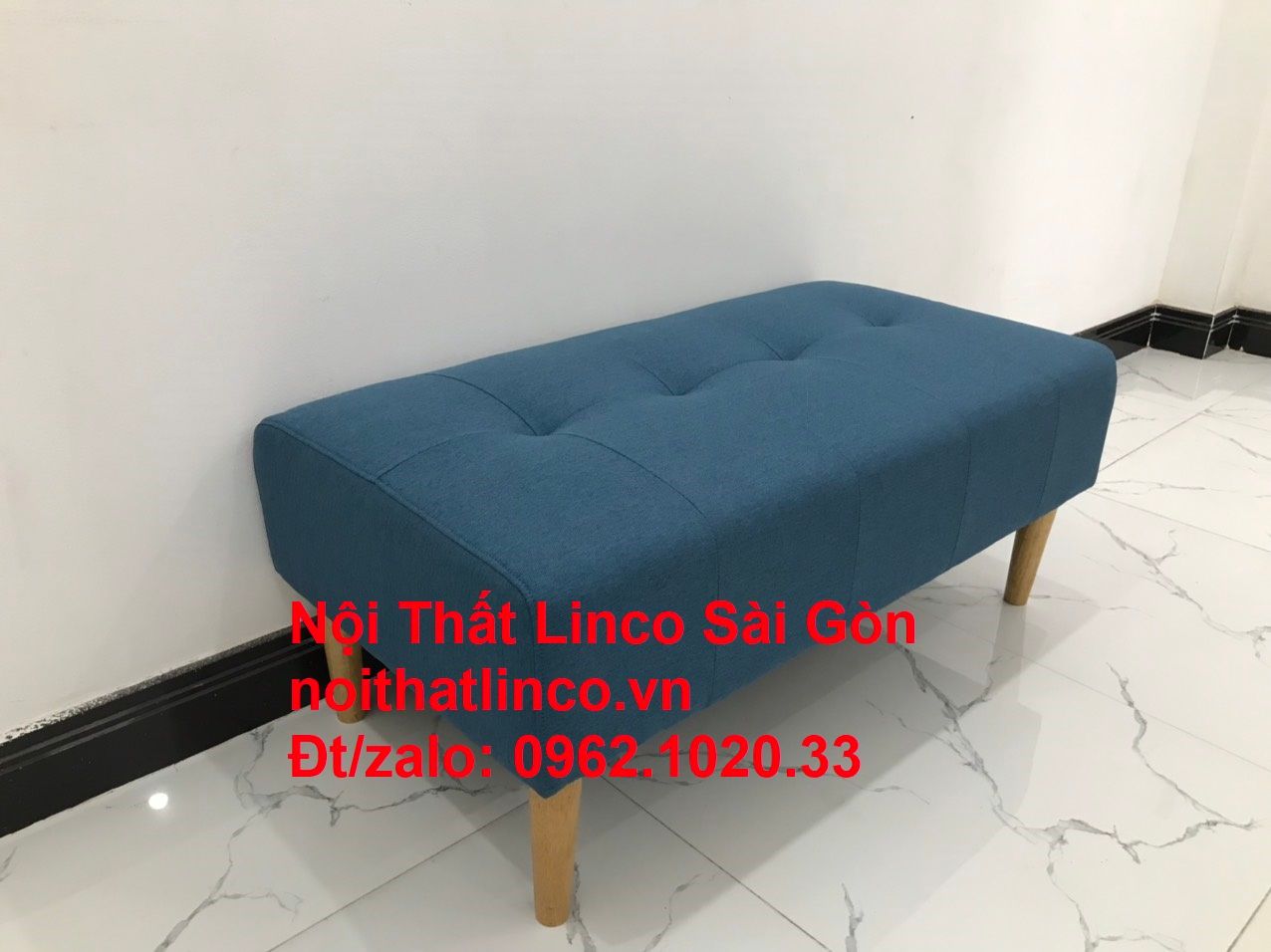 Ghế đôn sofa chân gỗ chữ nhật xanh dương mini nhỏ rẻ | Nội thất Linco Sài Gòn HCM