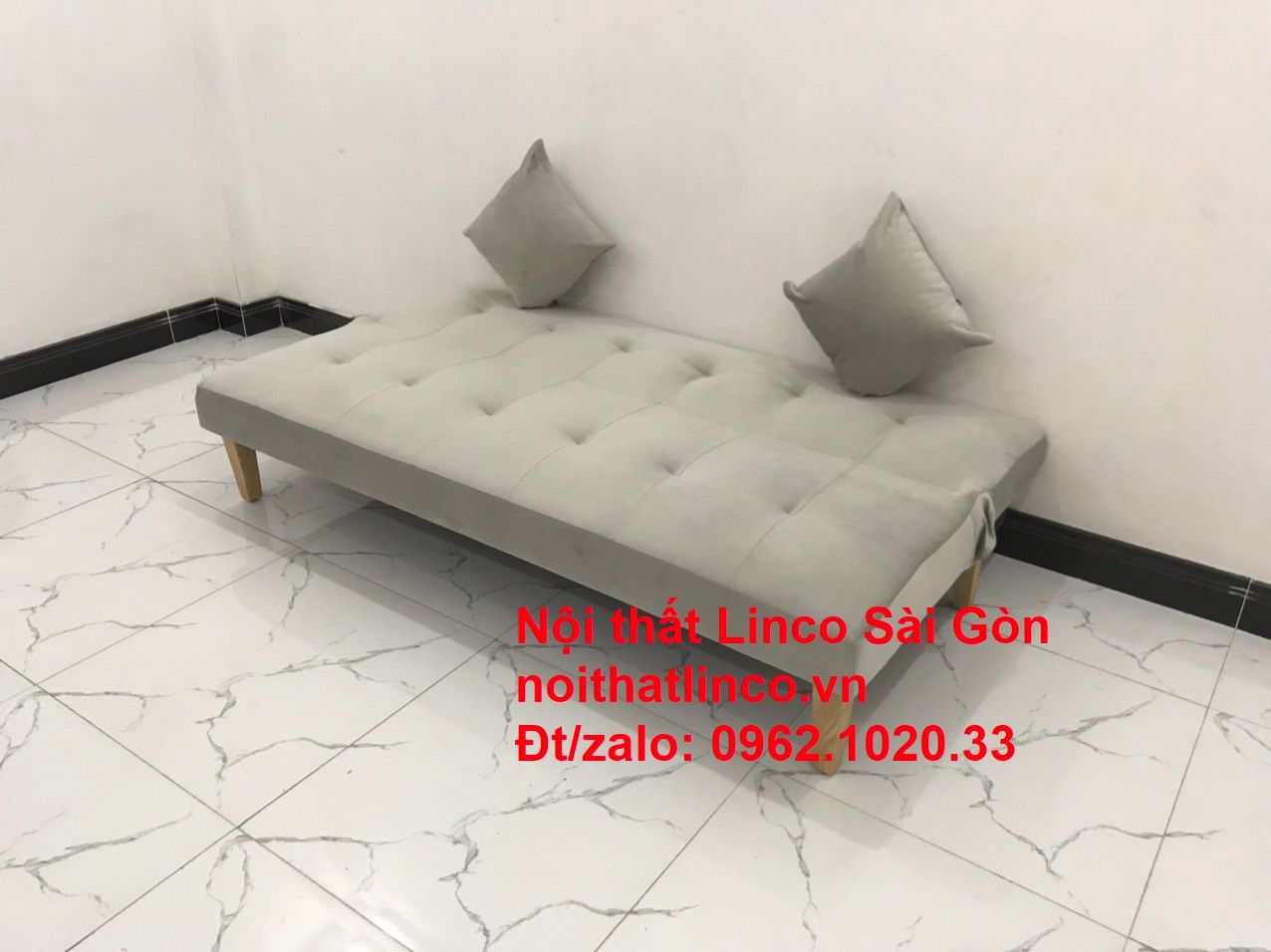 Bộ ghế sofa bed giường nằm nhỏ gọn 1m7 giá rẻ xám lông chuột vải nhung ở tại Nội thất Linco Sài Gòn