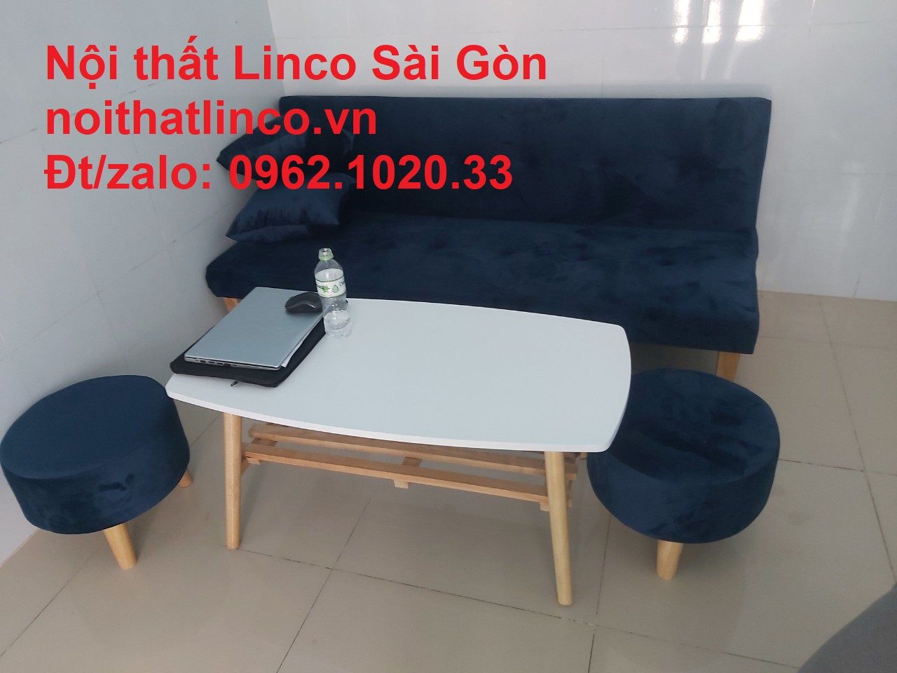 Bộ ghế sofa bed giường nằm mini nhỏ gọn 1m7 màu xanh dương đậm vải nhung Nội thất Linco HCM tphcm