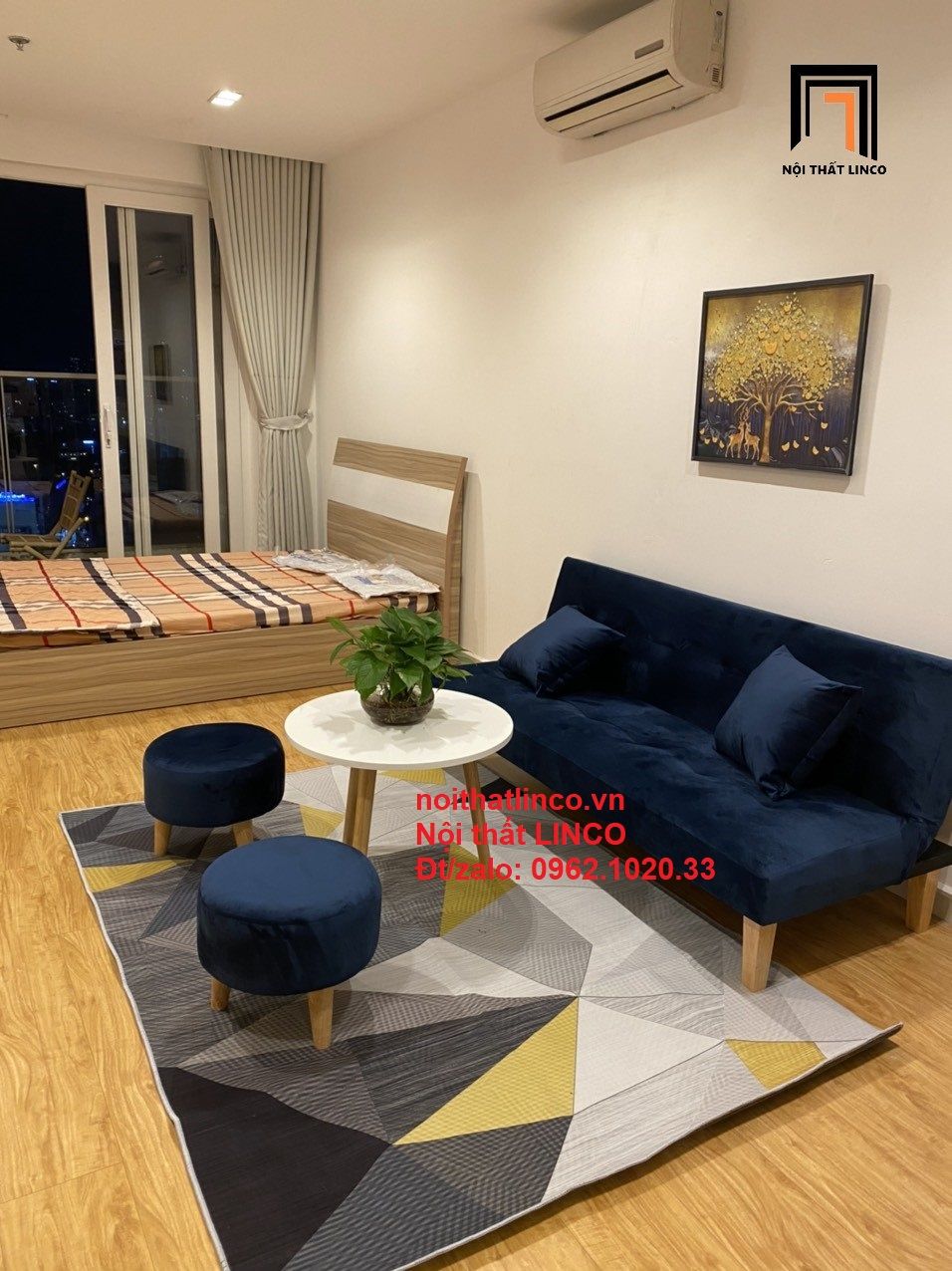 Bộ ghế sofa giường bed 1m72 xanh dương đen đậm vải nhung đẹp