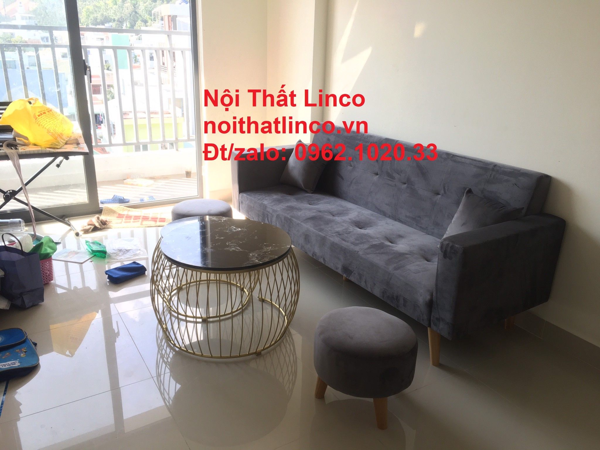 Bộ bàn ghế sofa giường văng (băng) đa năng xám lông chuột rẻ đẹp ở tại Sofa Linco Sài Gòn
