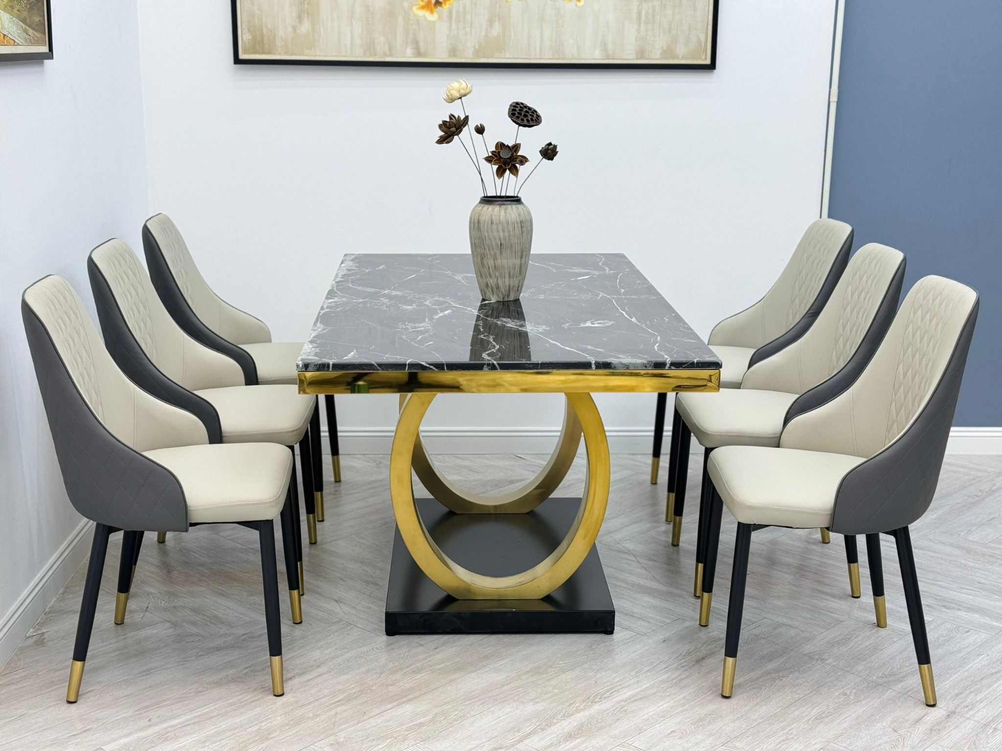 Set bàn ghế ăn 6 chỗ ngồi 19-BAD6-G16-B20 mặt đá đen cao cấp