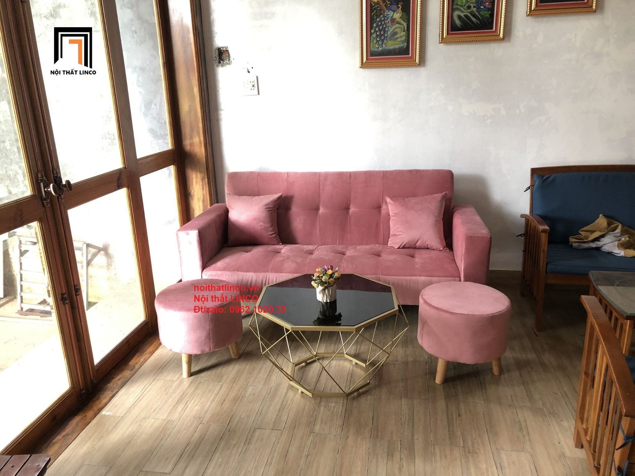 Bộ ghế sofa băng giường màu hồng phấn dài 2m giá rẻ
