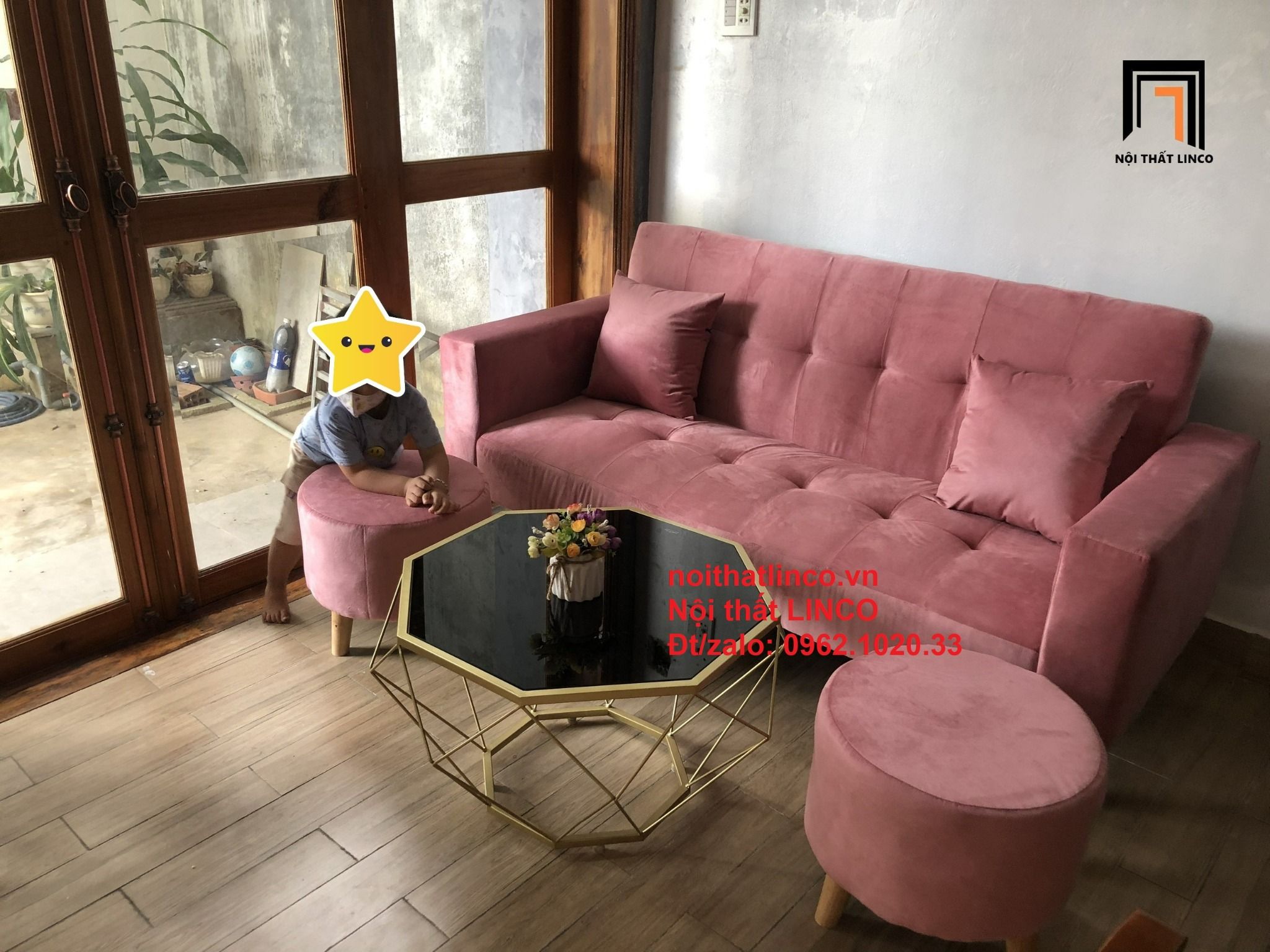 Bộ ghế sofa băng giường màu hồng phấn dài 2m giá rẻ