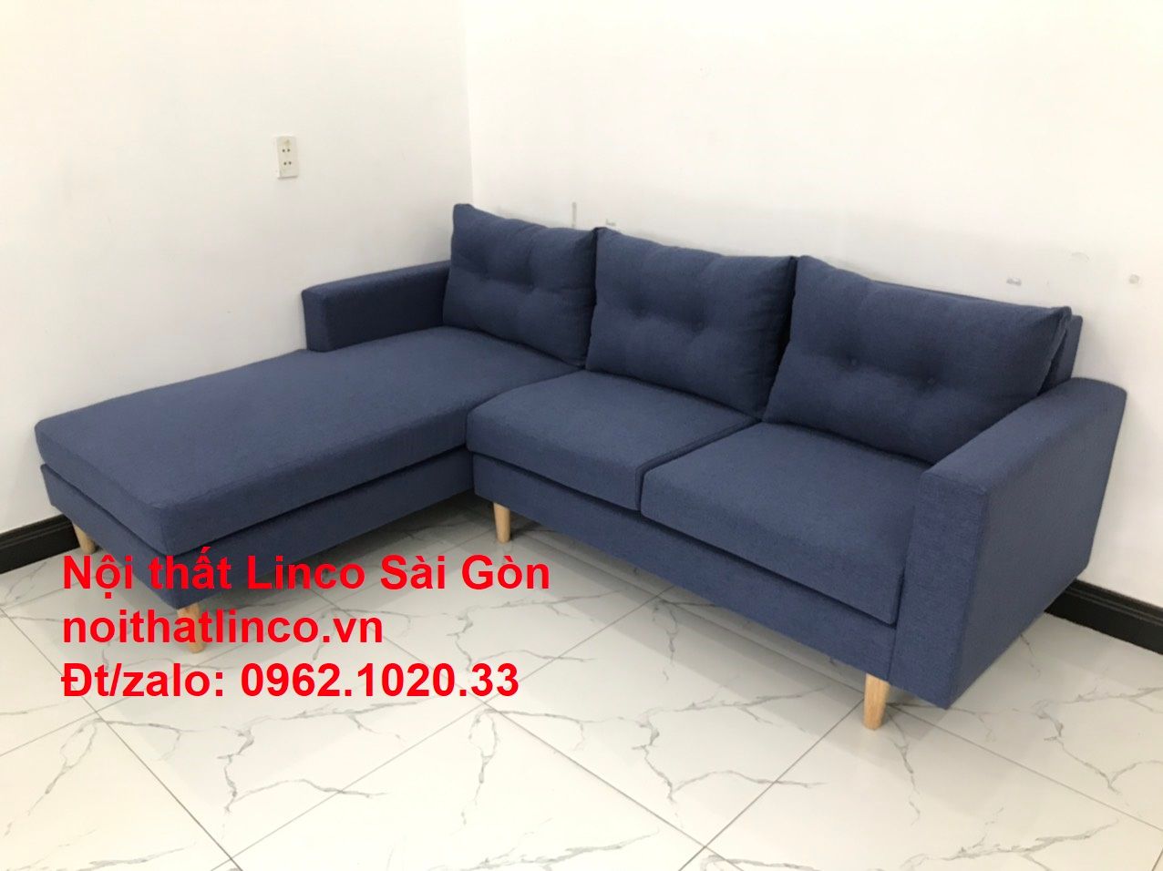 Bộ bàn ghế sofa góc L đẹp, sofa góc dài 2m2 x 1m6 nhỏ giá rẻ xanh dương đen | Nội thất Linco HCM