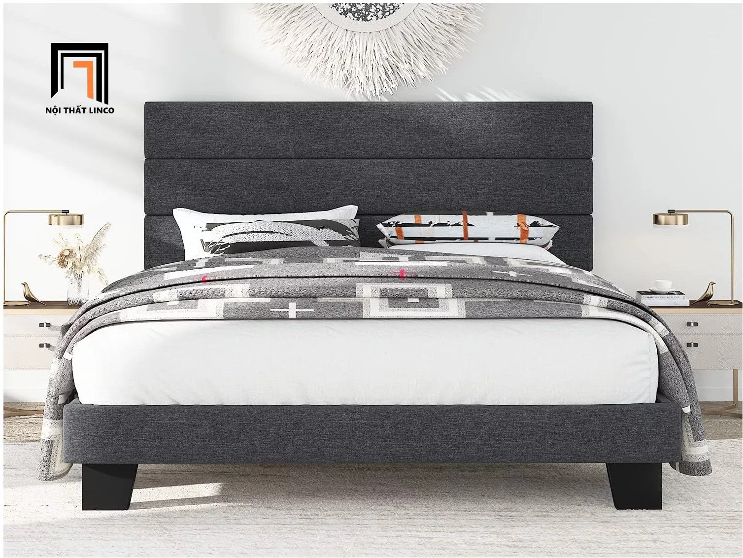 Giường ngủ bọc vải nỉ GN14 Allewie 1m6 x 2m màu xám đậm