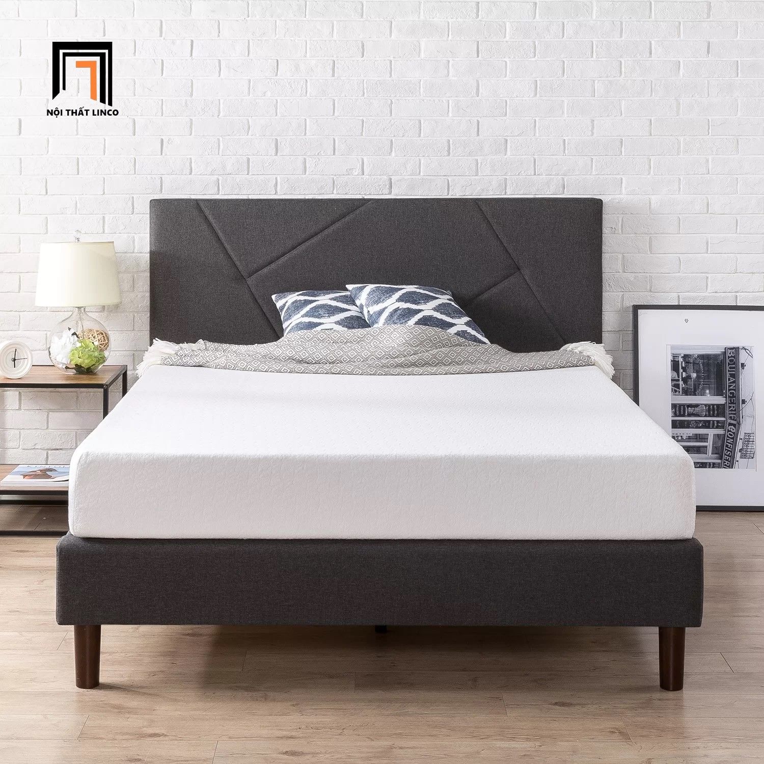 Giường ngủ bọc vải bố nỉ GN26 Bartley màu xám đậm