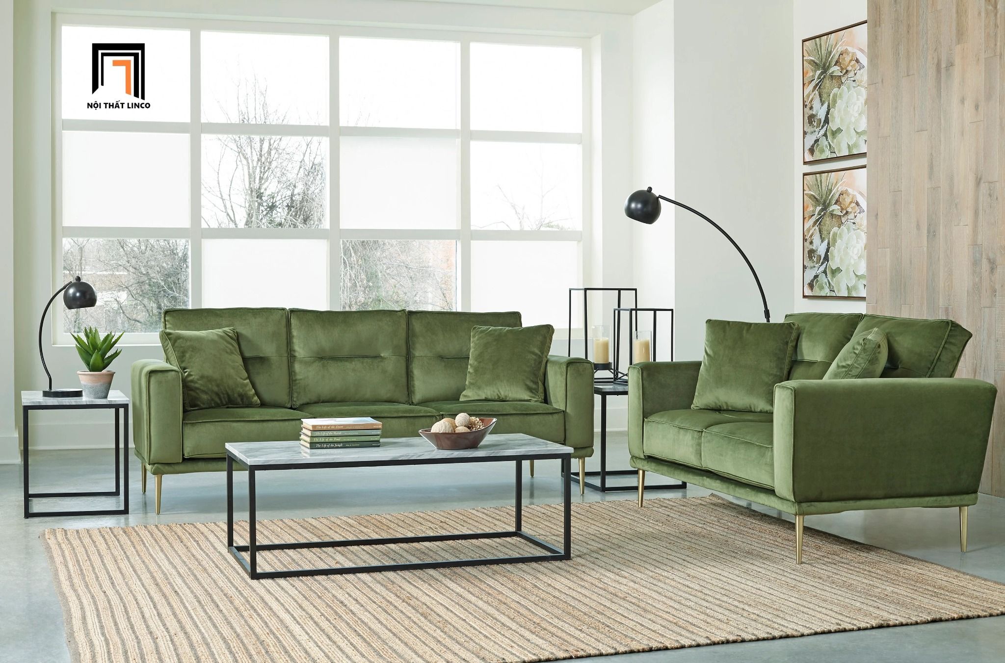 Bộ ghế sofa phòng khách KT47 Brynlee xanh lá vải nhung nỉ
