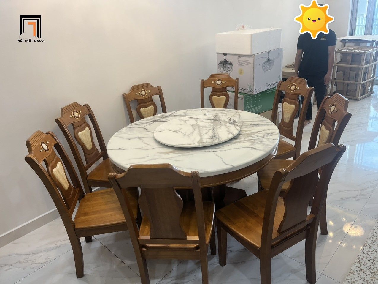 Set bàn ăn tròn xoay mặt đá lớn GF19-BAD8-G317-B359 8 ghế