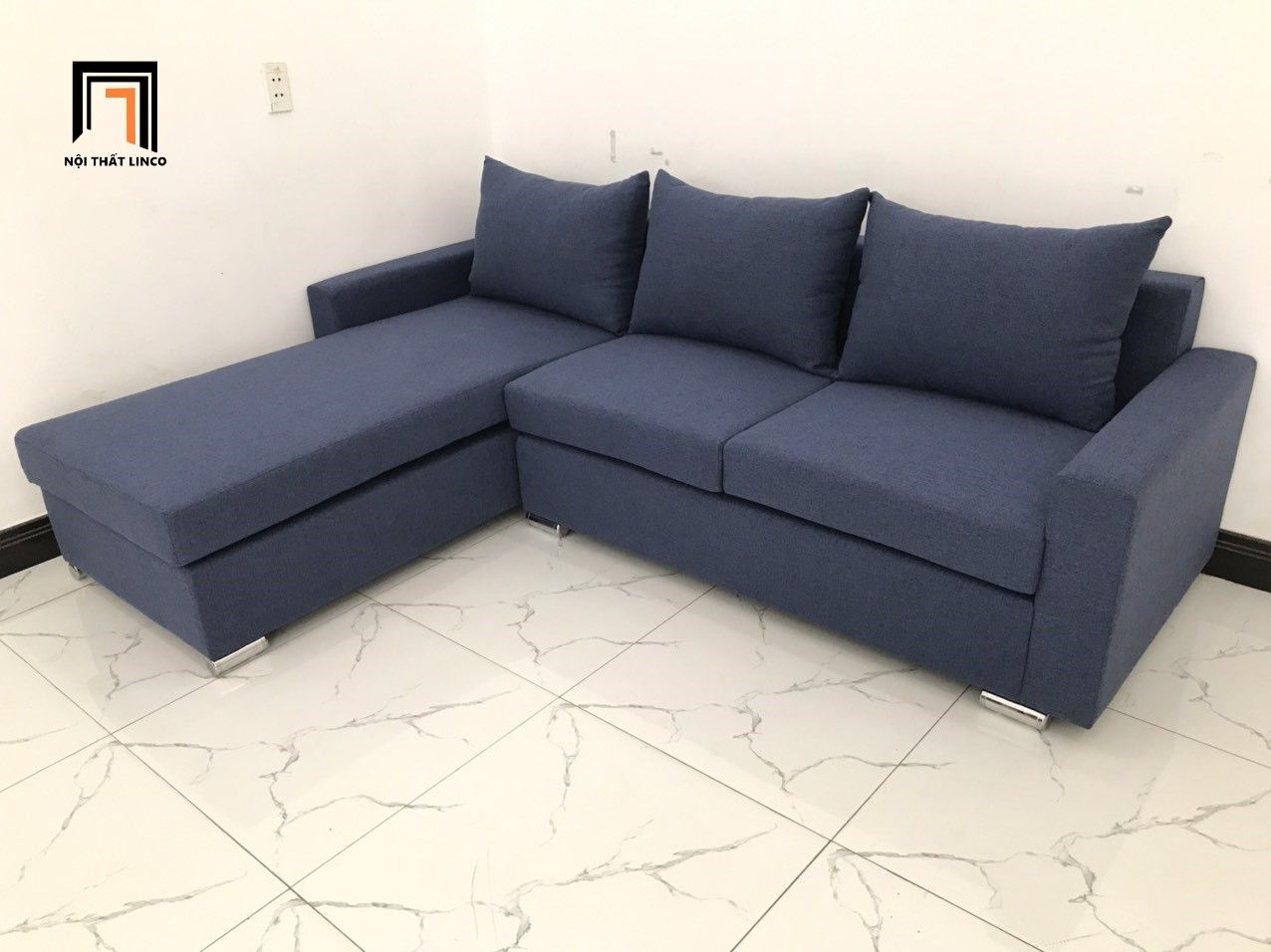 Bộ bàn ghế sofa góc L dài 2m2 x 1m6 màu xanh dương đậm giá rẻ