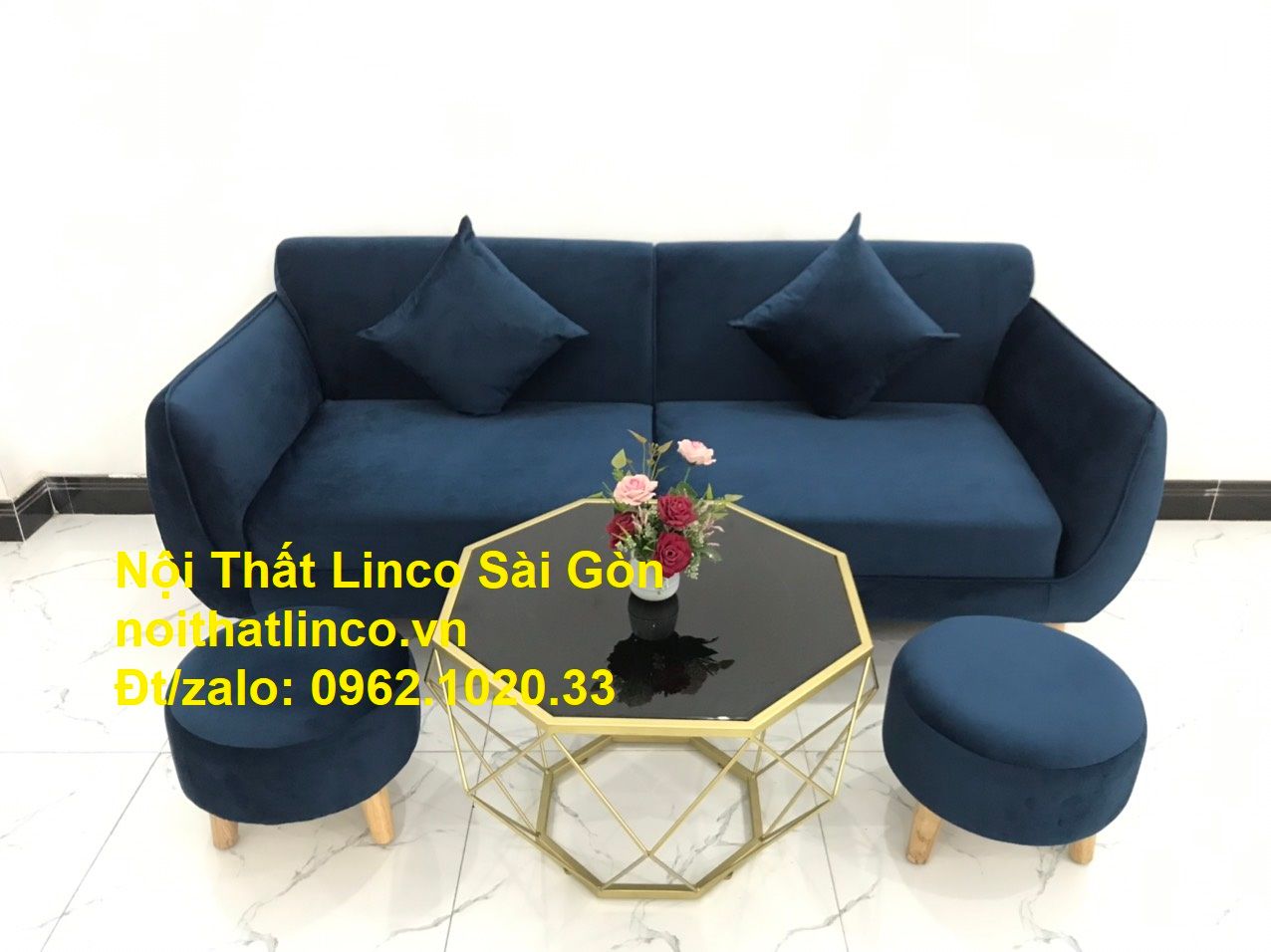 Bộ bàn ghế sofa băng văng xanh dương đậm giá rẻ Nội thất Linco Sài Gòn