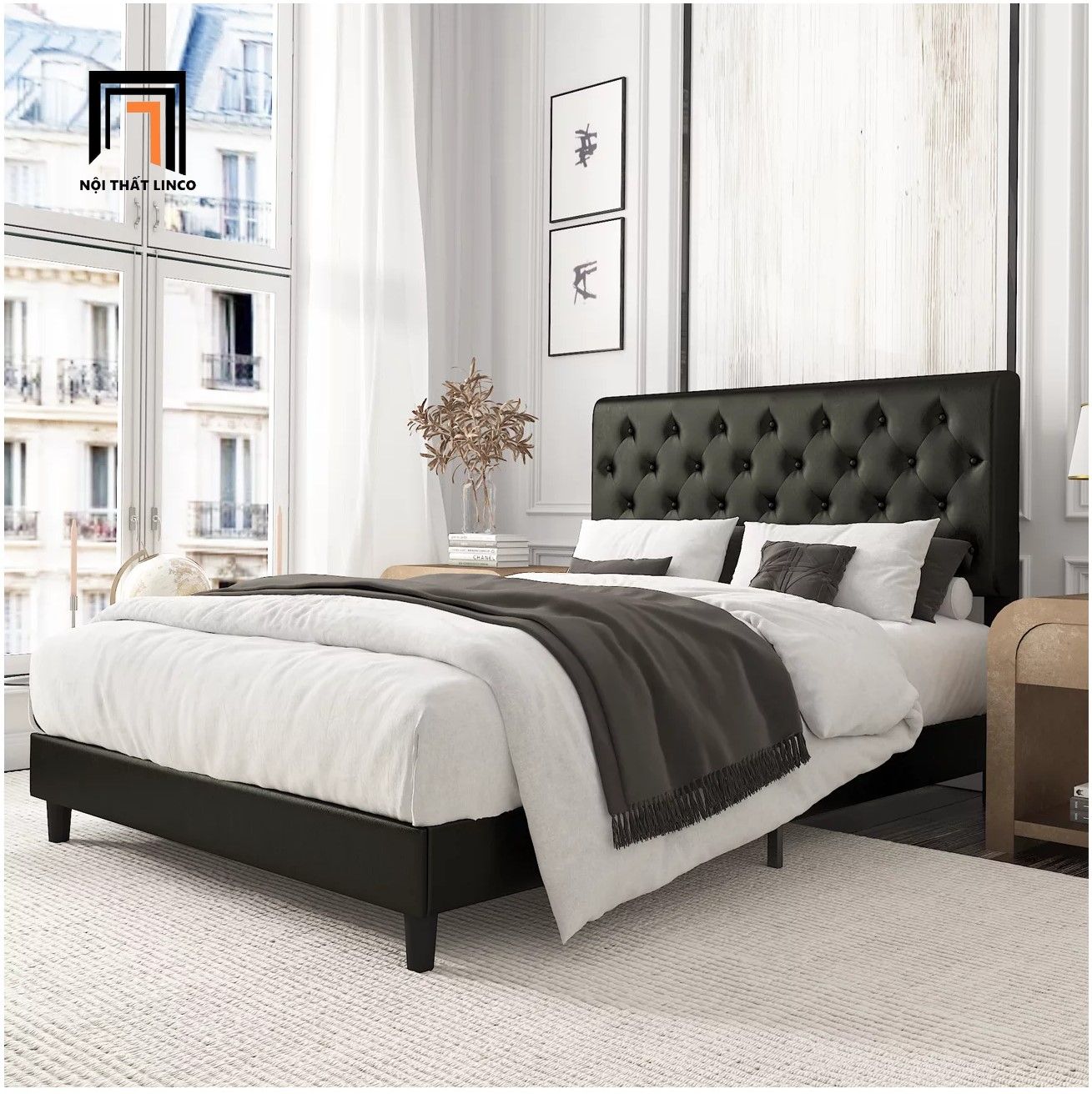 Giường ngủ 1m6 x 2m bọc da công nghiệp GN13 Amolife màu đen