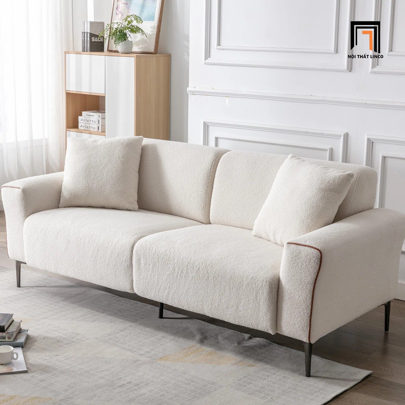 Ghế sofa băng dài 2m BT164 LiQuin vải lông cừu trắng kem