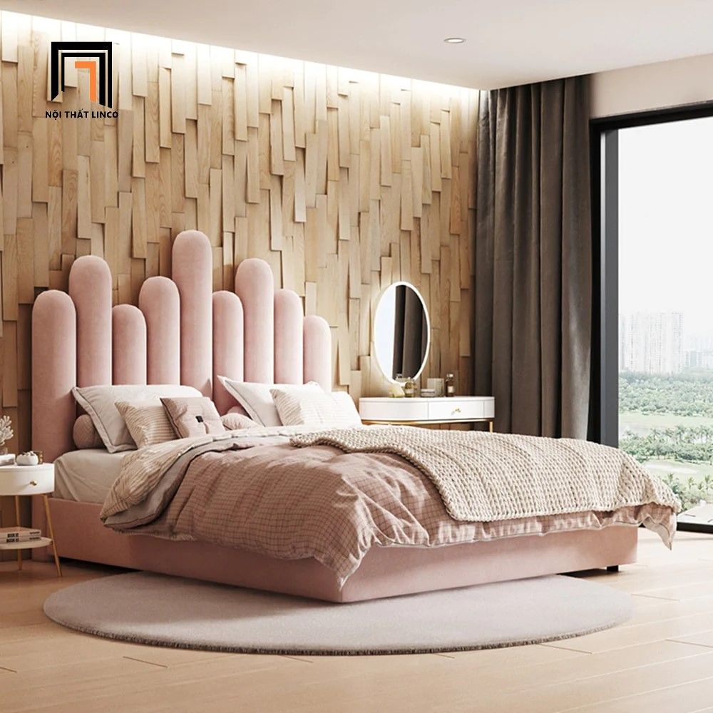Giường ngủ dài 1m6 x 2m GN35 Nyasia vải nhung nỉ xinh xắn