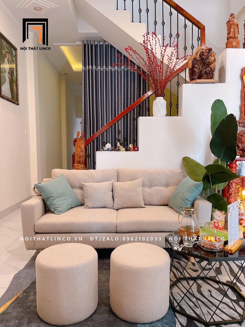 Ghế sofa băng BT113 Saxon dài 1m9 vải bố cotton trắng kem