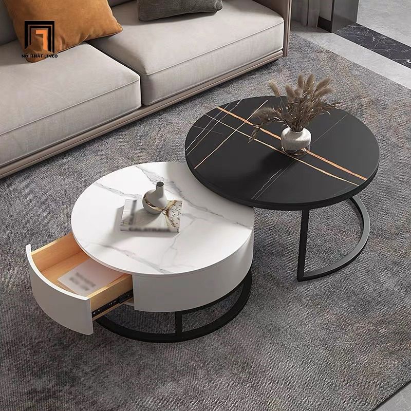 Cặp bàn sofa gia đình hình tròn 60cm vs 50cm BSF30 Simon mặt đá
