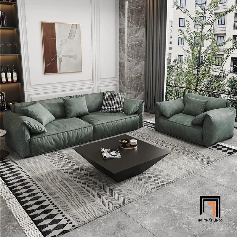 Bộ ghế sofa phòng khách da giả KT80 Mariubo màu xanh lá