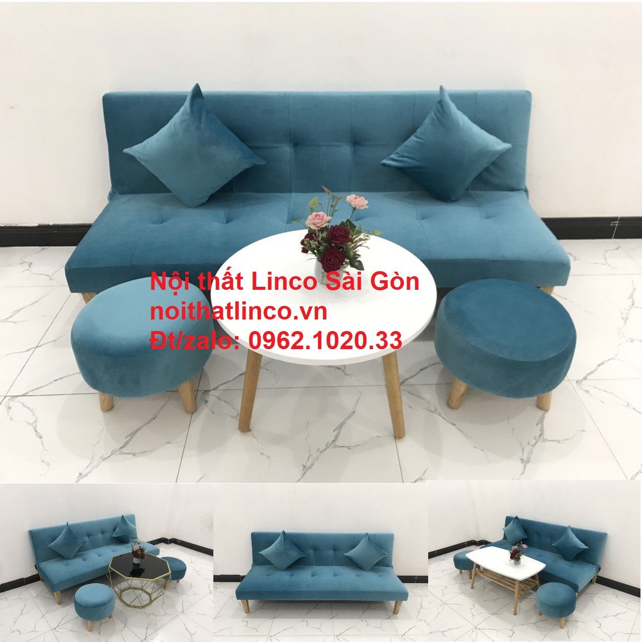 Bộ ghế sopha salon màu xanh nước biển đẹp | Sofa giá rẻ phòng khách | Nội thất Linco Sài Gòn