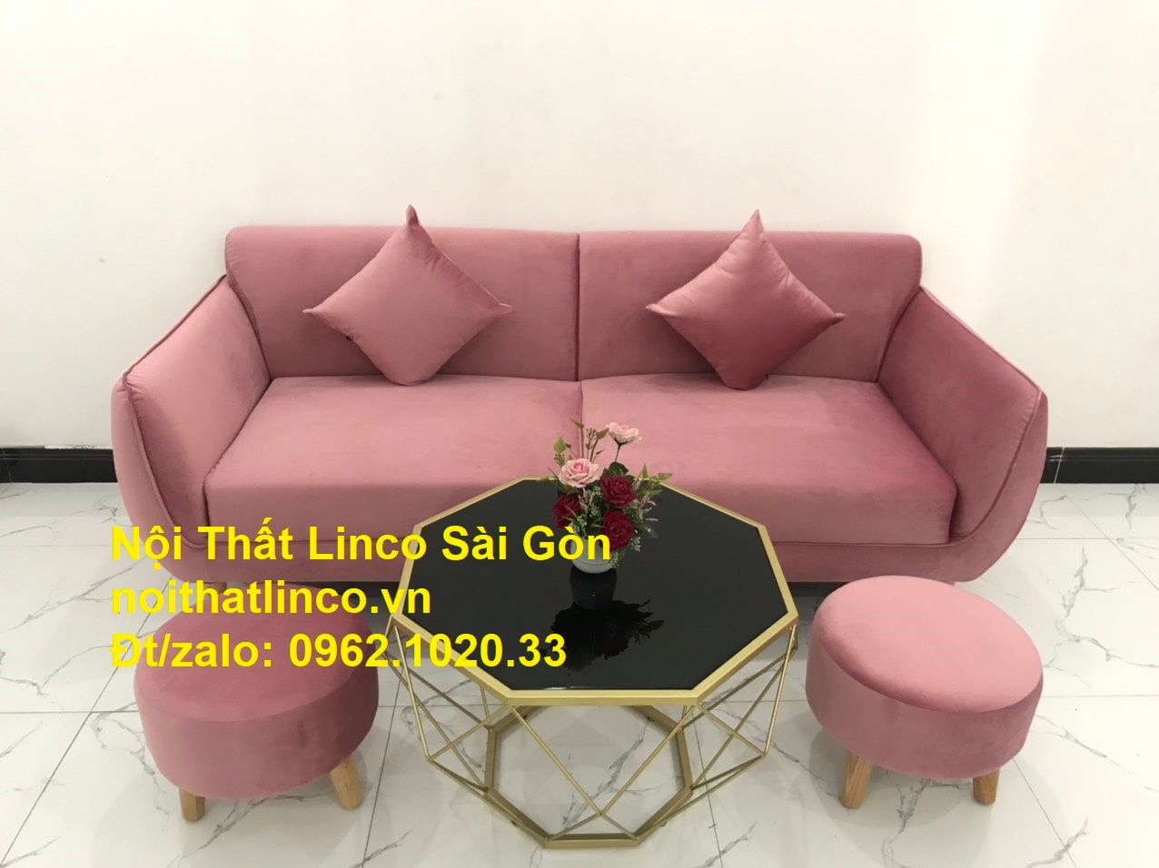 Mẫu sofa băng văng dài 1m9 giá rẻ | so pha Màu hồng phấn cánh sen đẹp ở tại Nội thất Linco Sài Gòn