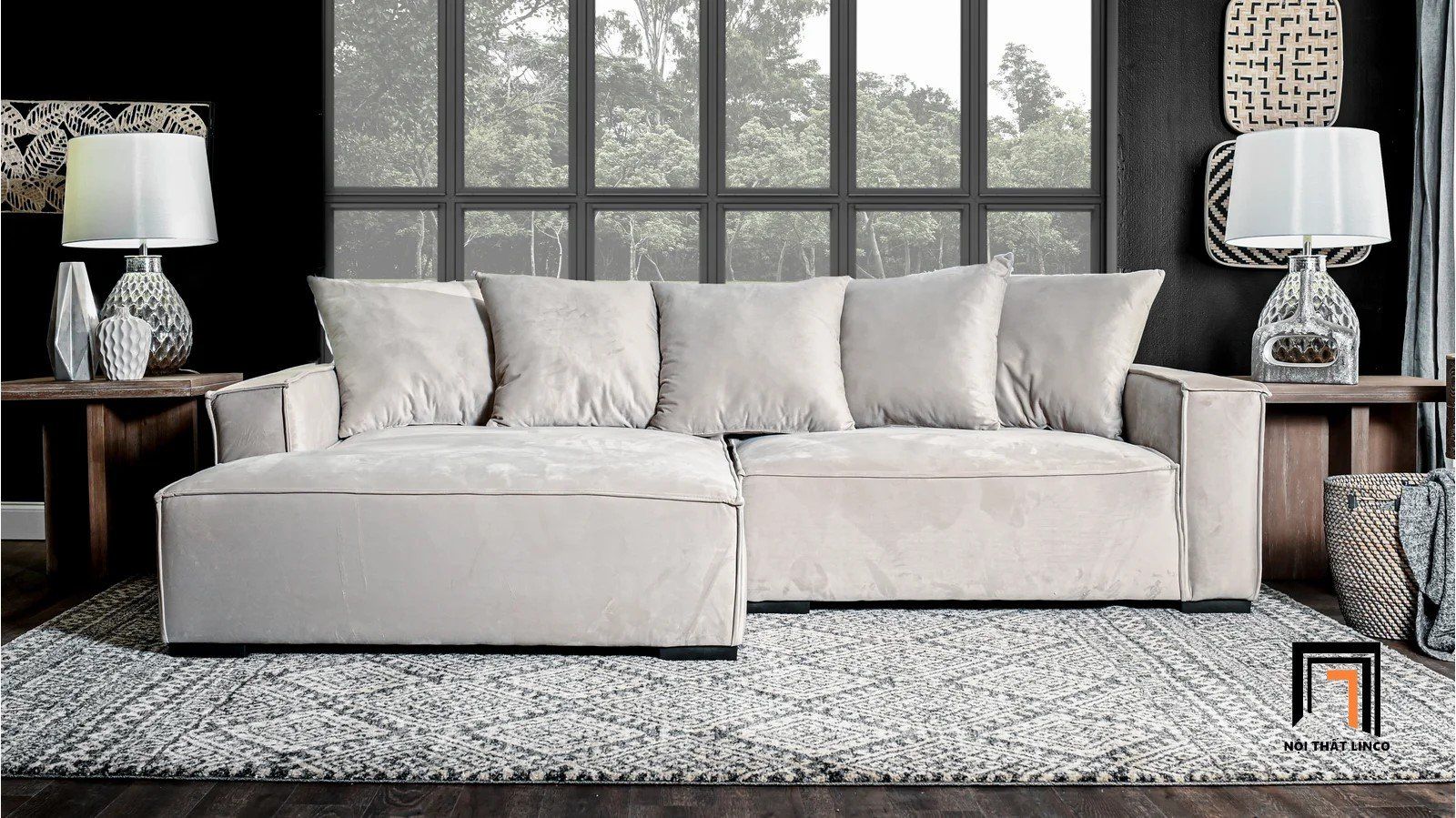 Bộ ghế sofa góc L hiện đại GT8 Madison xám trắng vải nhung