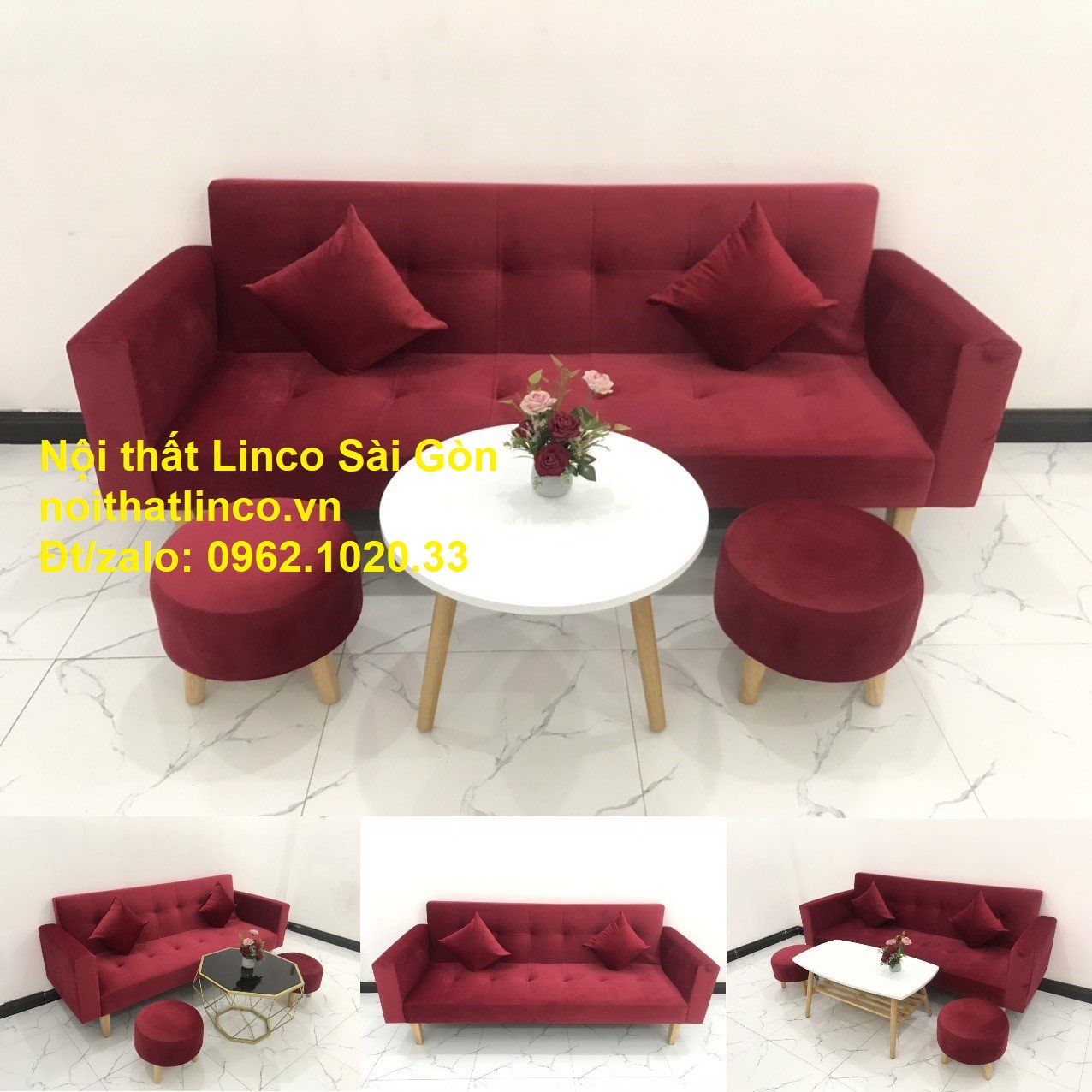 Bộ ghế sofa giường đa năng màu đỏ vải nhung rẻ đẹp | Nội thất Linco Sài Gòn