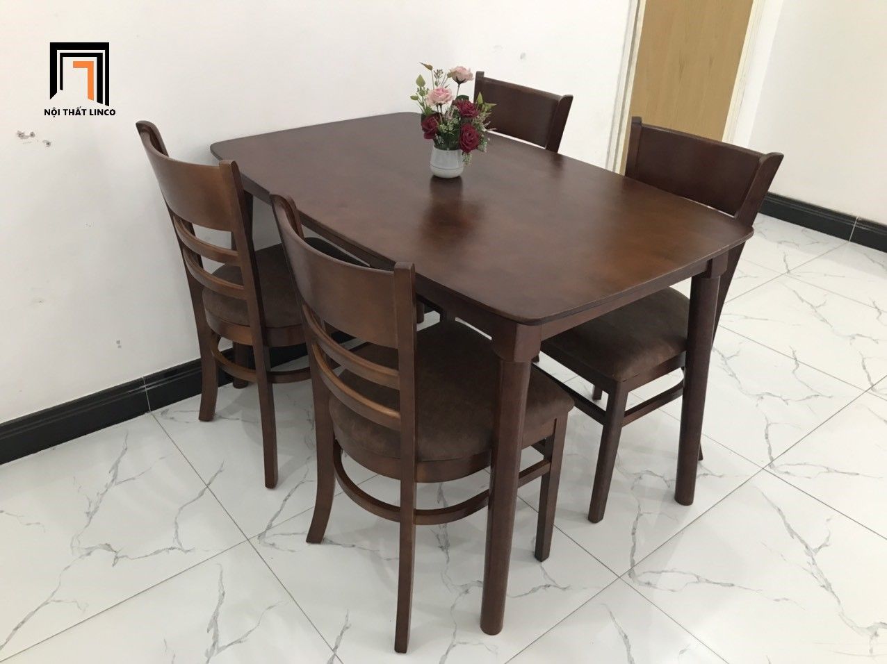 Bộ bàn ăn 3-KH4-G02-B108-nau gỗ tư nhiên dài 1m2 kèm 4 ghế
