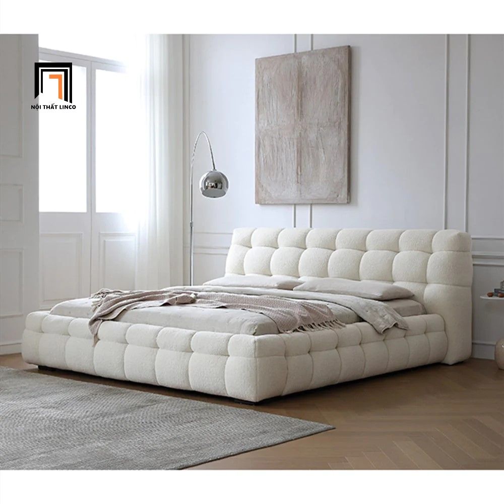 Giường ngủ bọc vải lông cừu GN36 Addie màu trắng kem