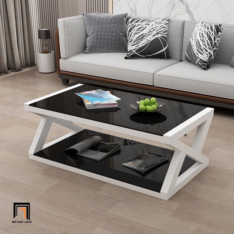 Bàn trà sofa hình chữ X BSF2 Treste kính cường lực 2 tầng