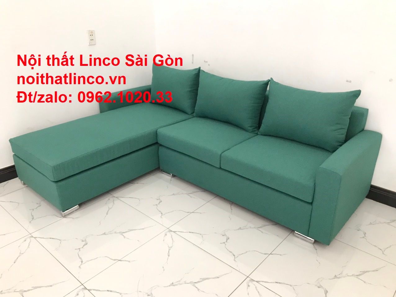 Bộ ghế sofa góc giá rẻ, ghế sofa góc vải màu xanh ngọc đẹp hiện đại | Nội thất Linco HCM Sài Gòn
