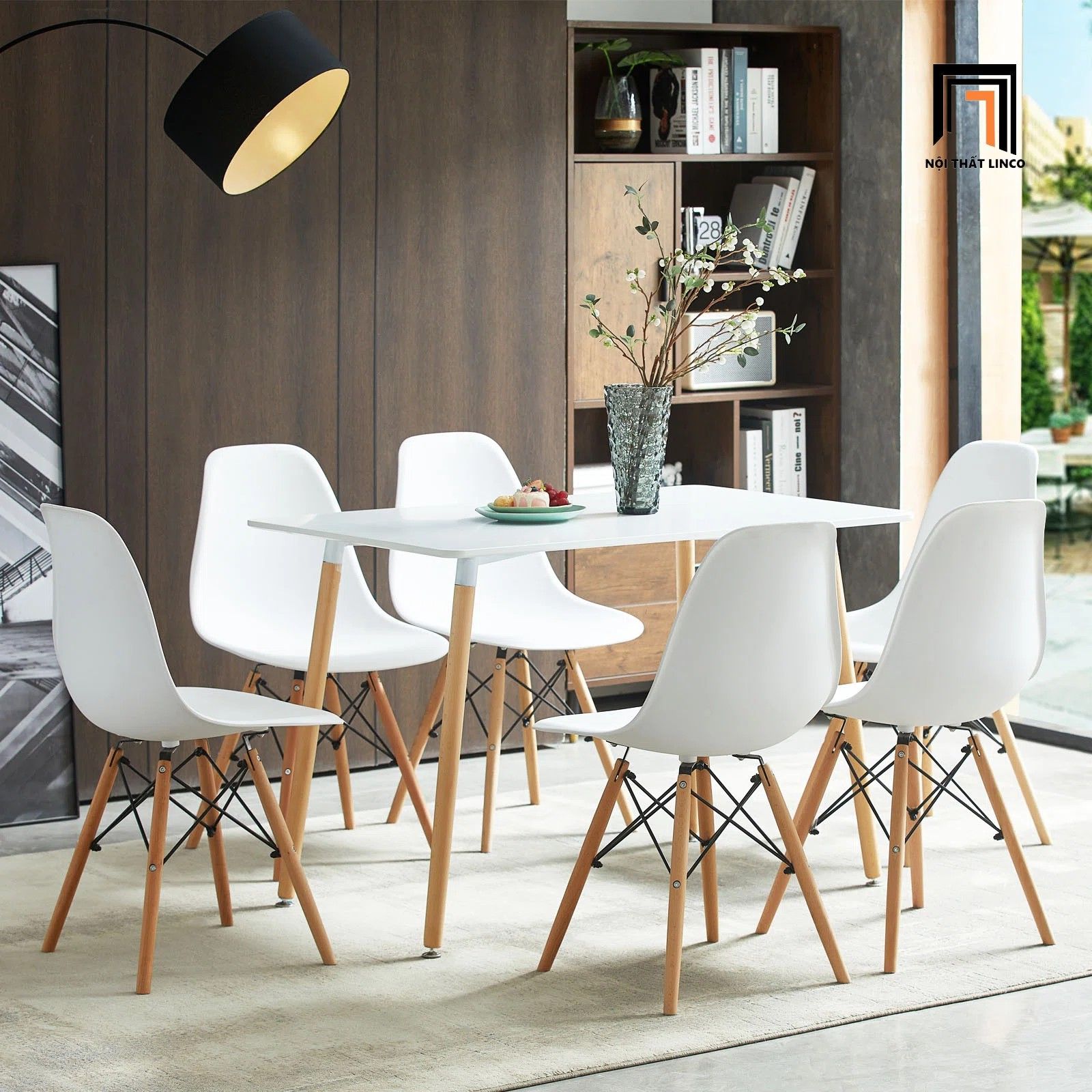 Bộ bàn ăn chữ nhật 1-OC6-GCF1-KH108 6 ghế ngồi nhựa trắng