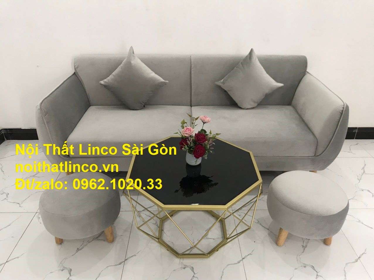 Bộ ghế salong băng dài 1m9 đẹp | Sofa văng xám lông chuột giá rẻ | Nội thất Linco Sài Gòn