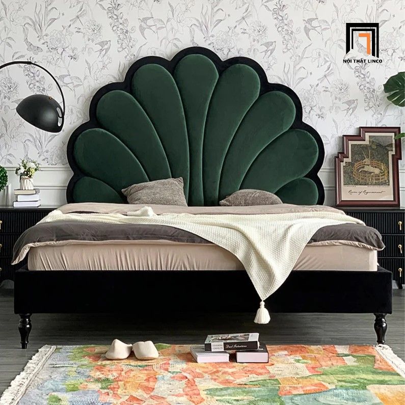 Giường ngủ tân cổ điển GN51 Jeriel phối 2 màu vải nhung