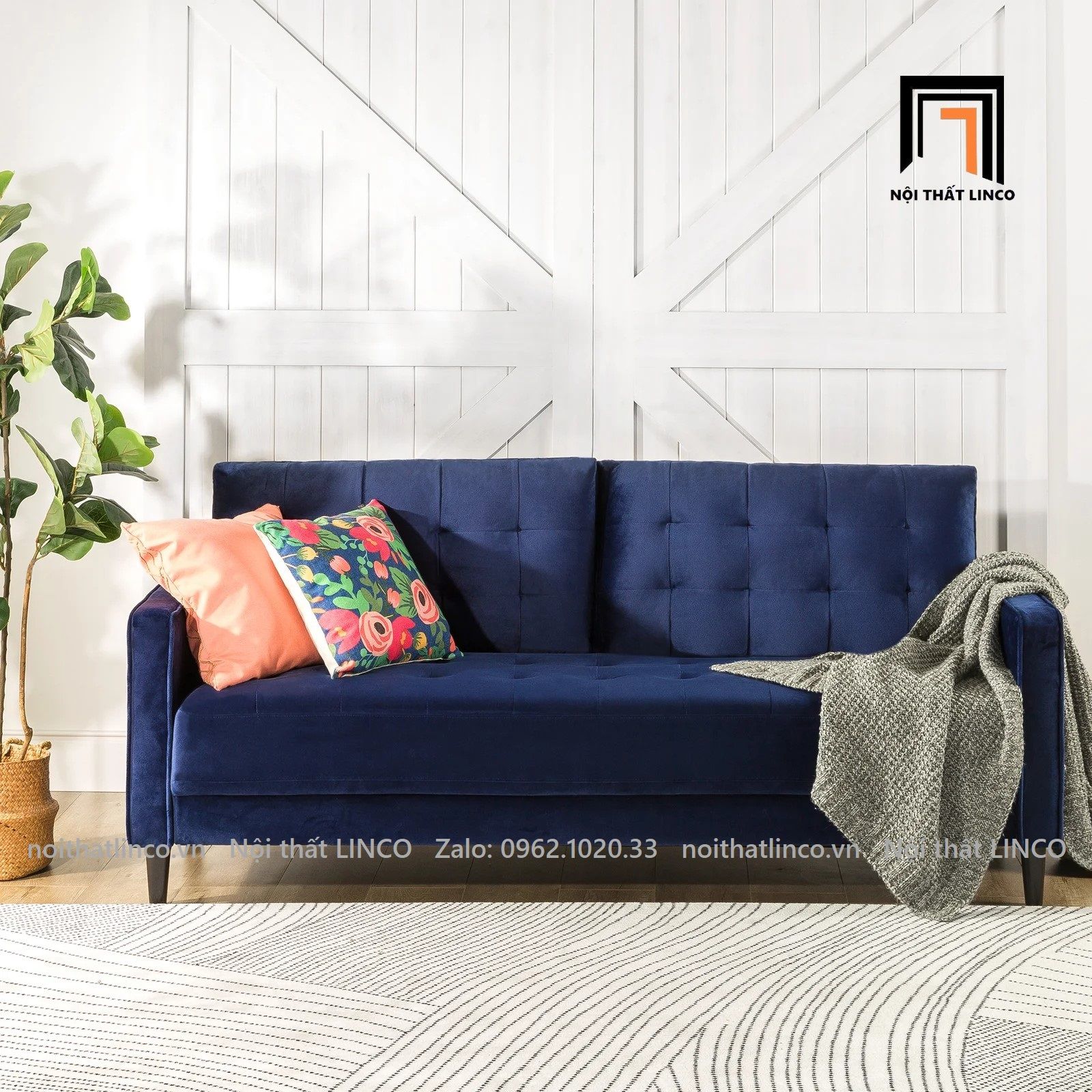 Ghế sofa băng BT26 Rosenow dài 1m9 màu xanh đen vải nhung