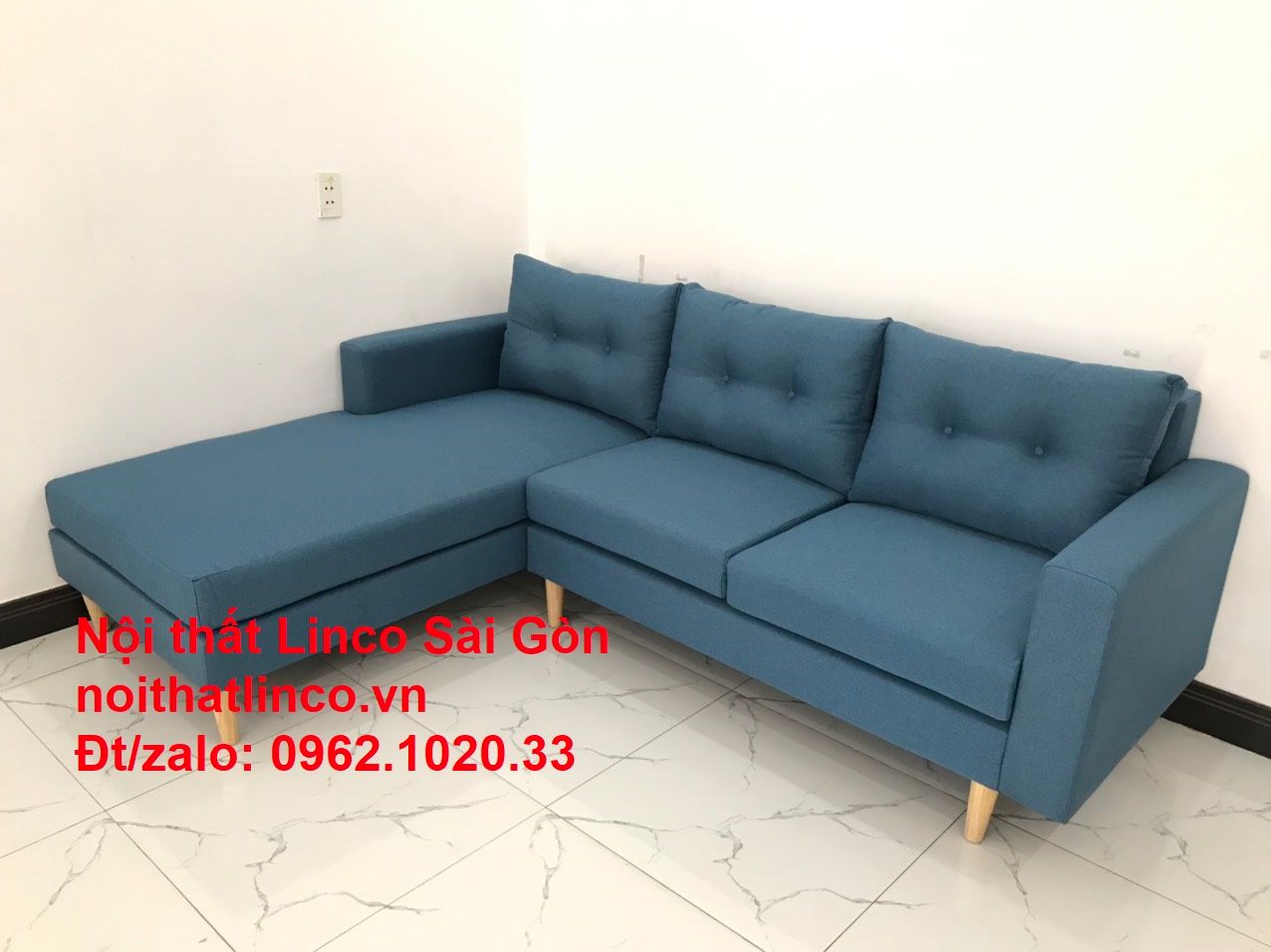 Bộ ghế sofa góc chữ L xanh dương nước biển đẹp hiện đại giá rẻ phòng khách | Nội thất Linco Tphcm