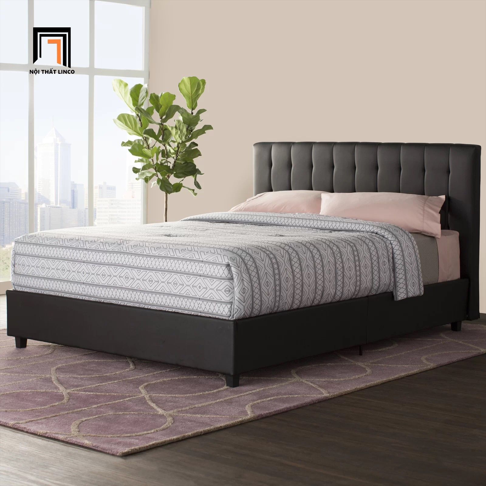 Giường ngủ bọc da giả màu đen GN5 Acquaviva sang trọng