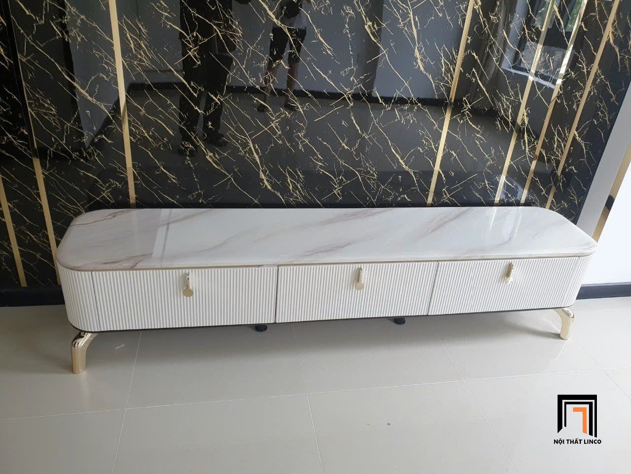 Kệ tivi mặt đá ceramic trắng 7-GF dài 2m kiểu dáng sang trọng